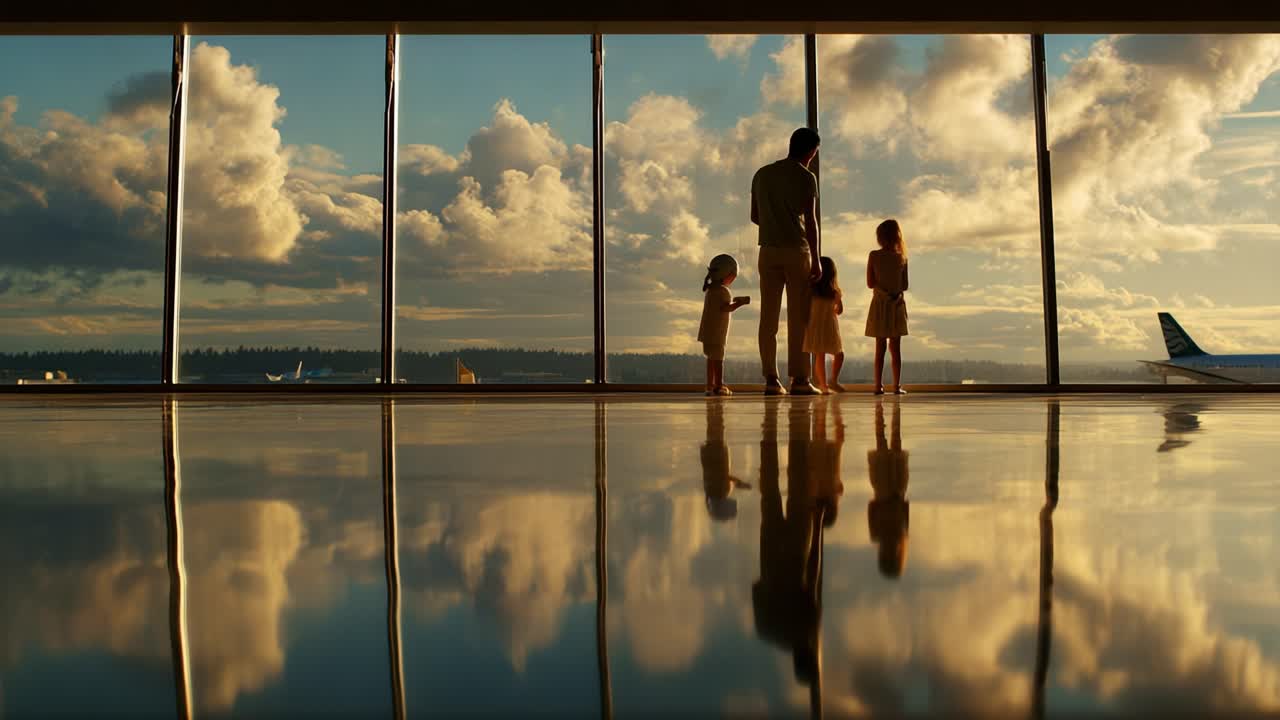 A Family's Cherished Moment at an Airport: Capturing the Essence of Togetherness Against a Backdrop of Scenic Clouds and Reflections