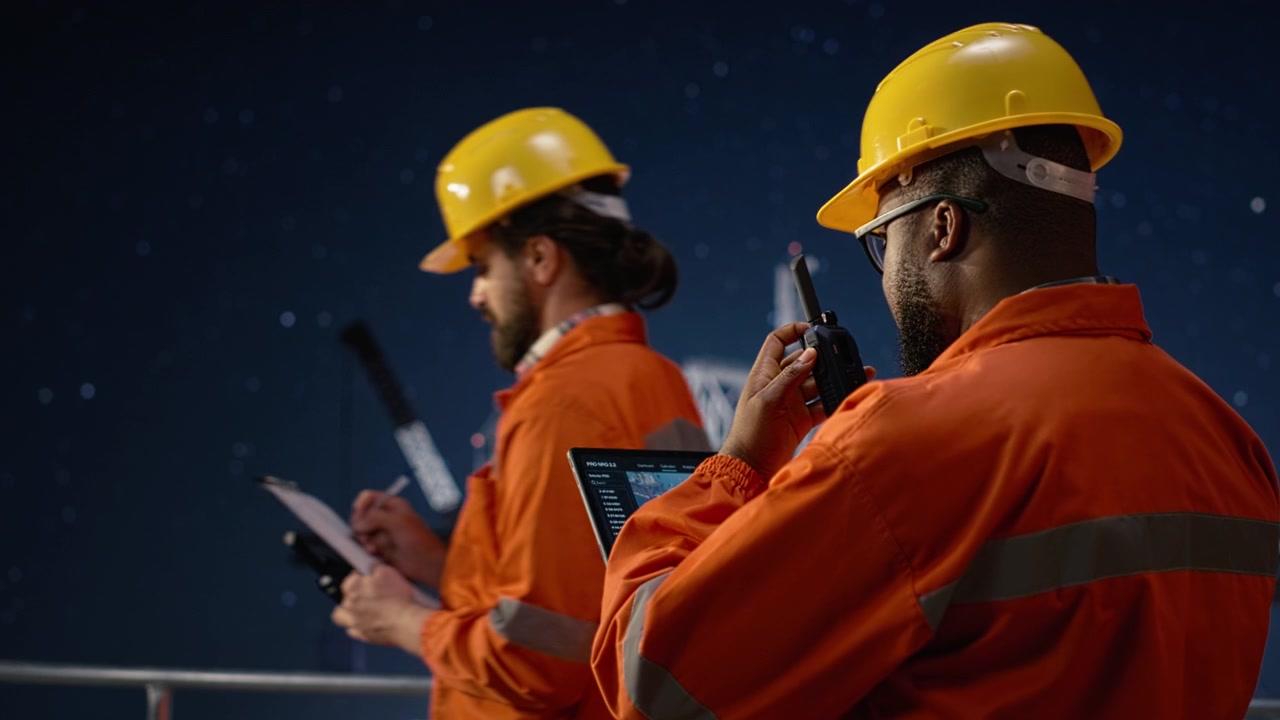 Using tablet, oil crisis geopolitical conflict and drilling rig engineers