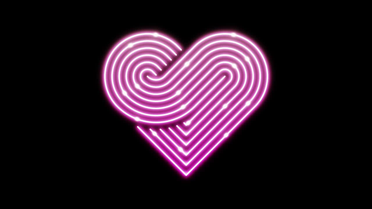 네온 라인 조명 움직이는 패턴 분홍색, 기술 네트워크 디지털 데이터 전송, 발렌타인 데이 컨셉 디자인, 검은 바탕에 빛나는 시엄리스 루핑 애니메이션, 복사 공간과 함께 4k