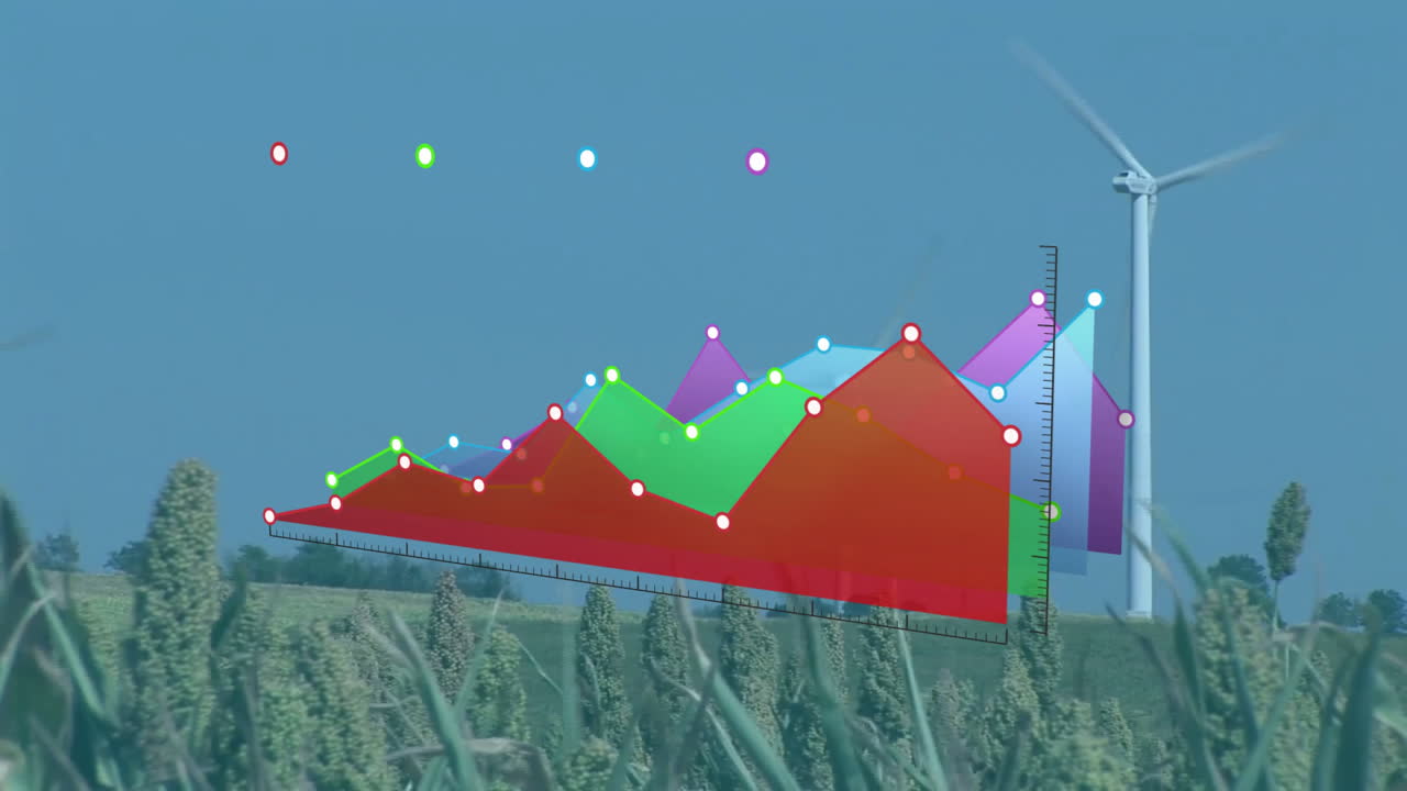 Colorful data chart animation over wind turbine and agricultural field