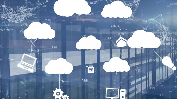 Animation of falling clouds icons and network of connections over graph