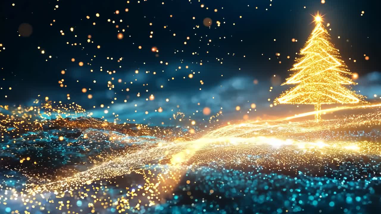 A Christmas tree is lit up in a snowy landscape. The scene is filled ...