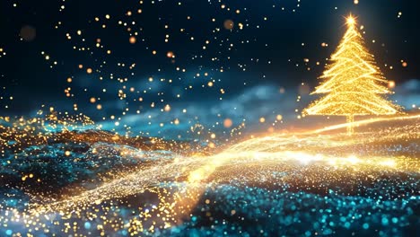a christmas tree is lit up in a snowy landscape. the scene is filled with sparkling lights and snowflakes, creating a magical and festive atmosphere