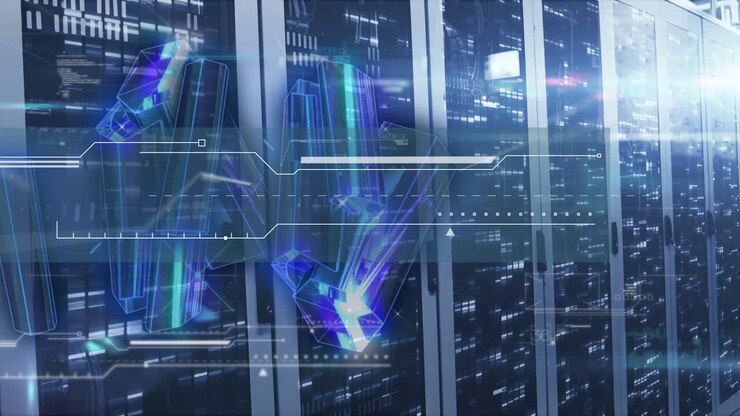 Animation of moving shapes and data processing over server room