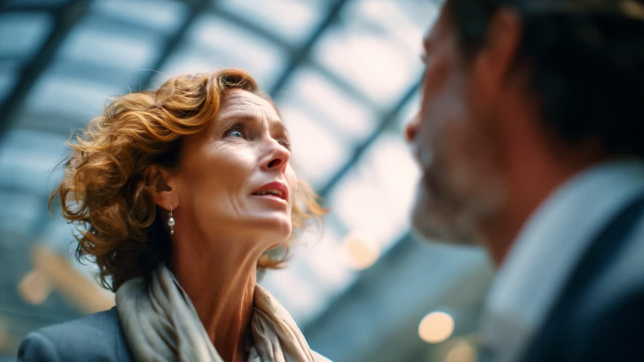 An Intense Conversation: A Woman Expresses Emotion While Engaging with a Man in a Bright, Contemporary Setting, Capturing the Essence of Human Interaction and Communication