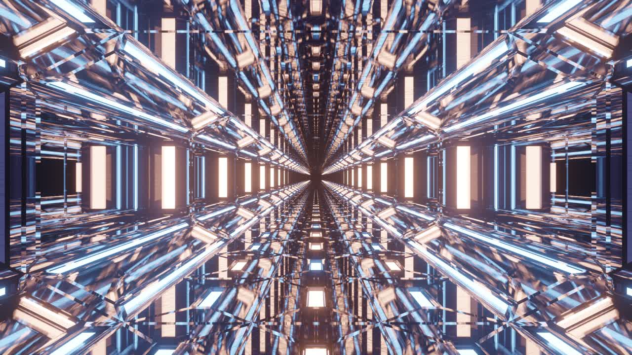 ciencia ficción con gráficos en movimiento: viaje futurista dentro de un largo y brillante túnel de espejos reflectantes, columnas iluminadas, techos y paredes