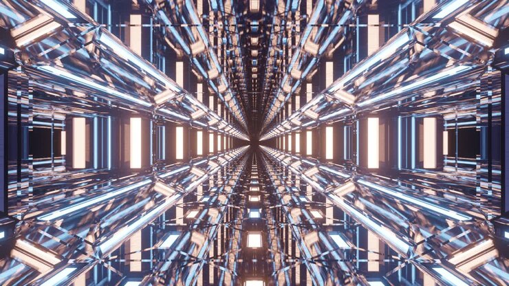 Motion graphics sci fi: futuristic journey inside bright shiny long tunnel of reflective mirrors, lit columns, ceiling and walls