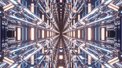 motion graphics sci fi: futuristic journey inside bright shiny long tunnel of reflective mirrors, lit columns, ceiling and walls