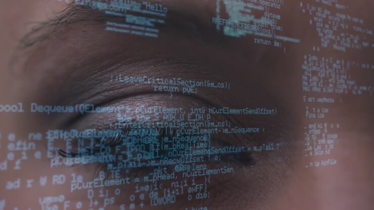 Animation of data processing over eye of caucasian woman