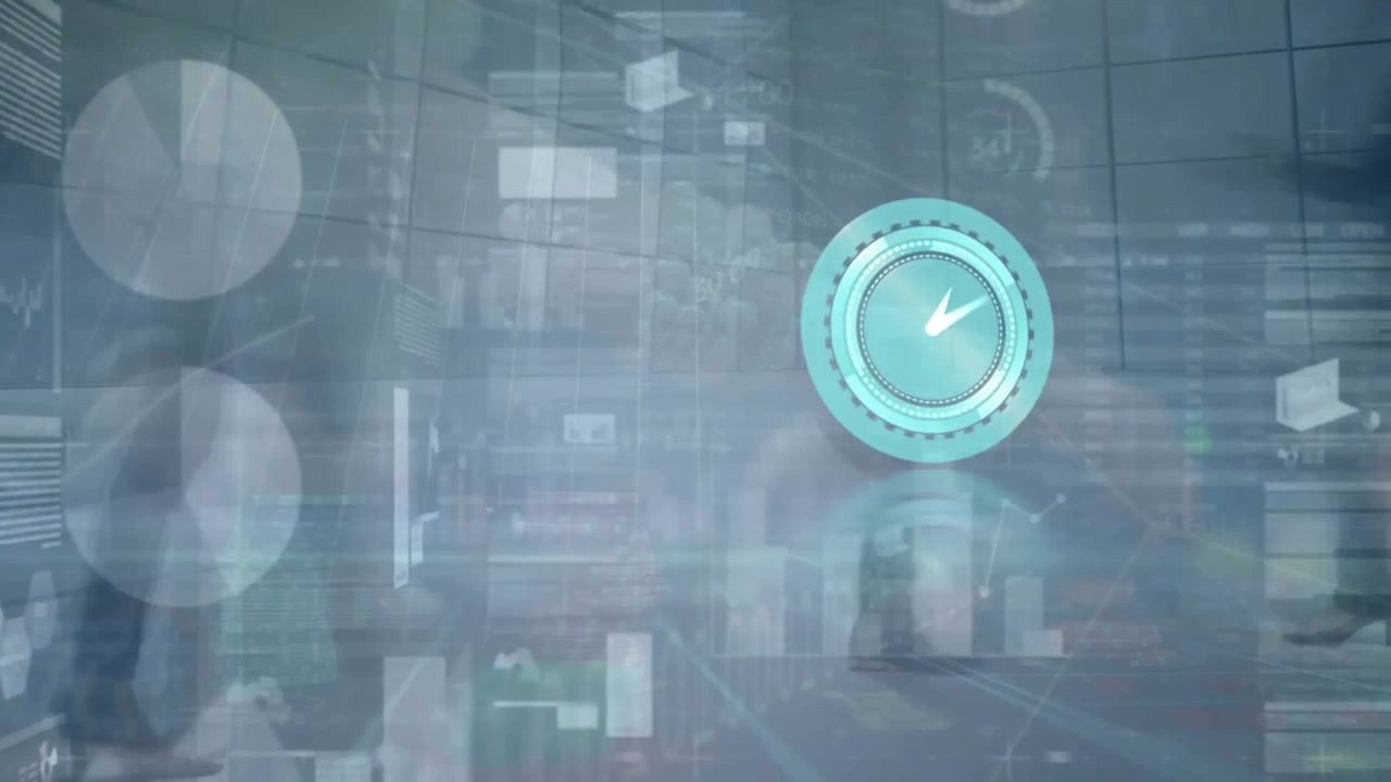 Digital Clock Overlay with Financial Data and People Walking in Background