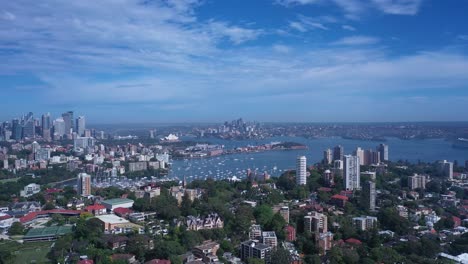 aerial panorama of sydney skyline from eastern suburbs featuring harbor bridge opera house, darling point and rushcutters bay with sunny summer weather and blue sky