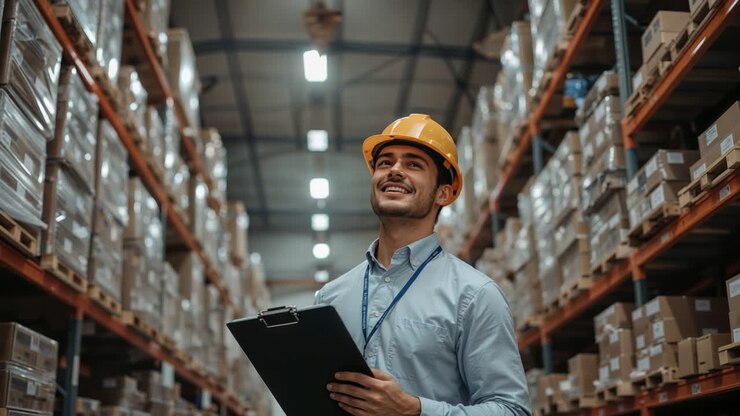 Lavoratore di magazzino sorridente con clipboard che ispeziona l'inventario