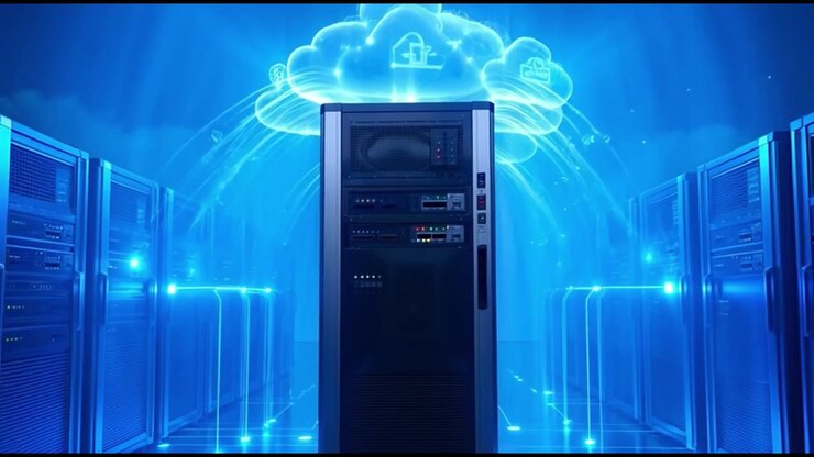 Data Center Server Rack with Digital Cloud Computing Visualization