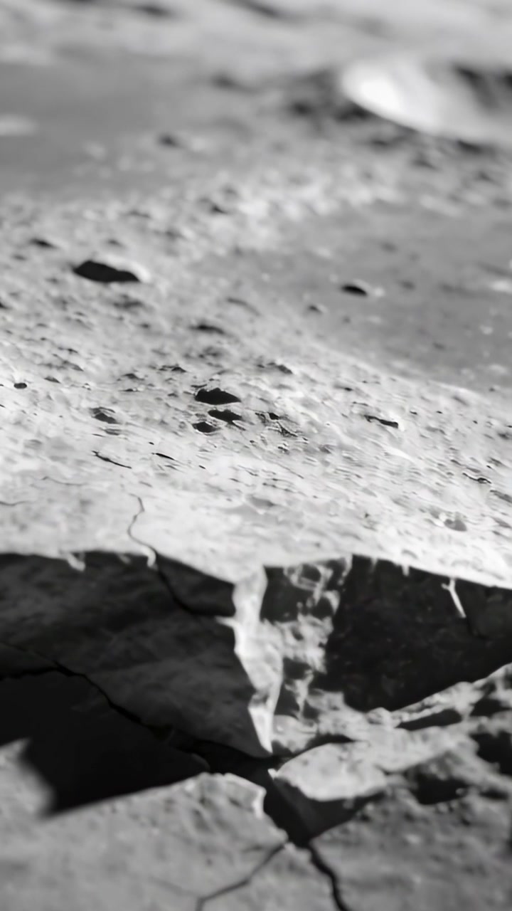 Video verticale: Telecamera che panoramica mostrando una sporgenza frastagliata e crepe su una pianura brulla, rivelando crateri