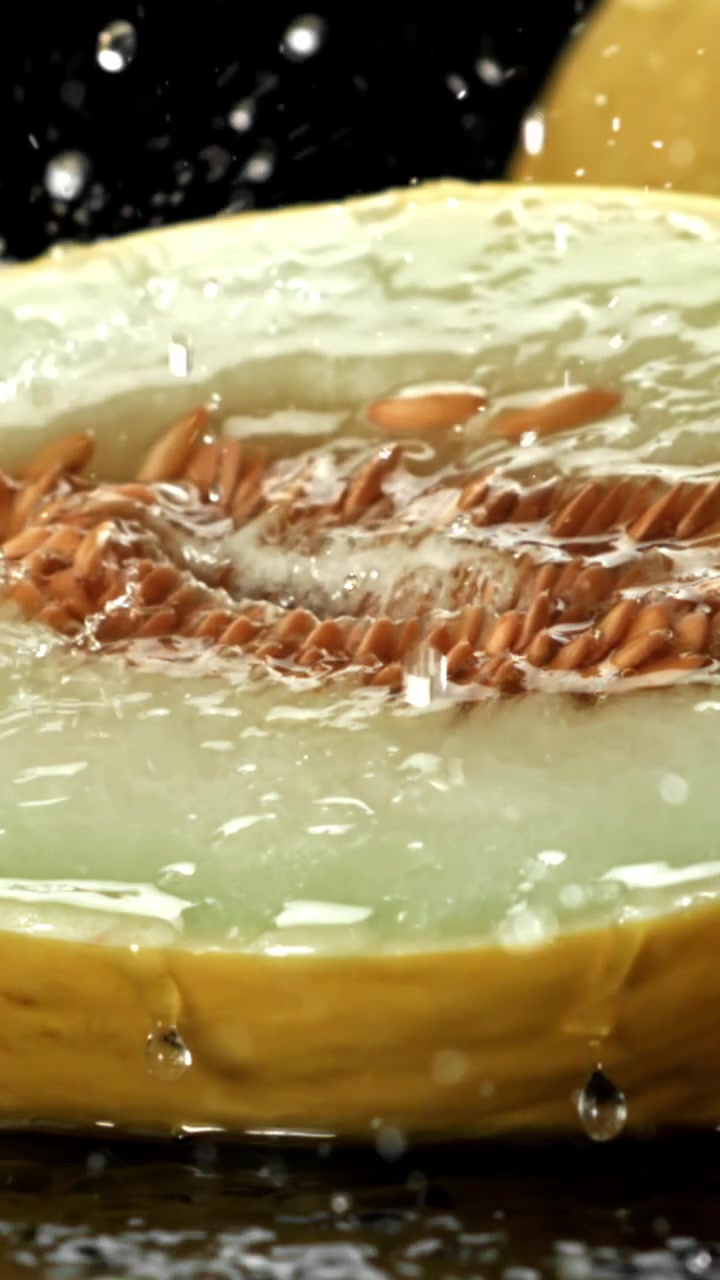 Gerak Lambat Tetesan Air Memercik pada Setengah Melon Segar