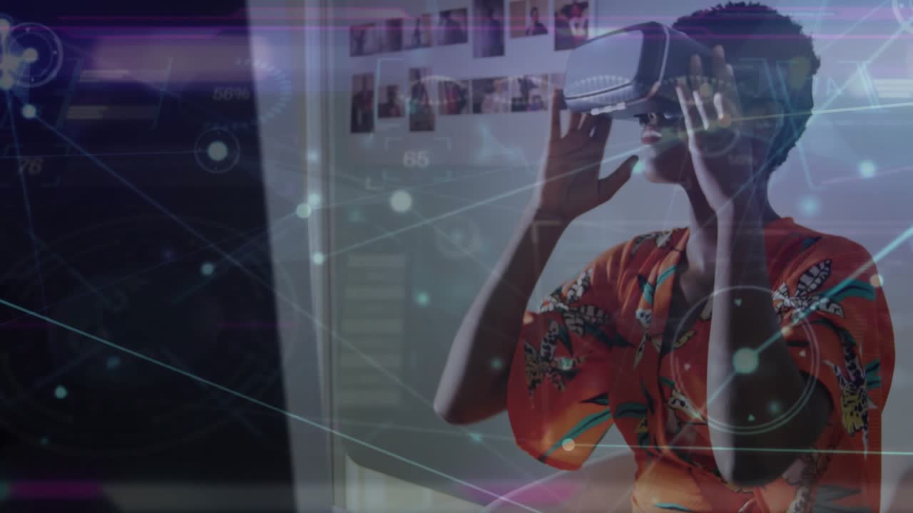 woman adjusting VR headset then navigating virtual interface with technology graphics overlay