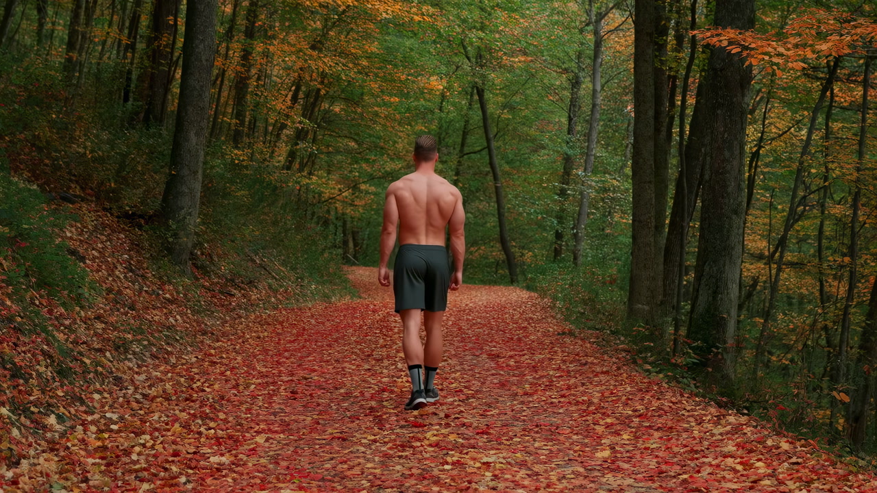 Shirtless Male Walking Forest Trail, Athlete Training Along Red Leaf Carpet, Muscular Back Visible, Crisp