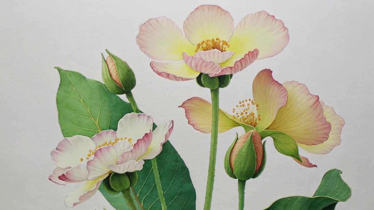 Caméra panoramique dévoilant une illustration botanique sur papier neutre, montrant des feuilles, des tiges, des bourgeons et deux fleurs.