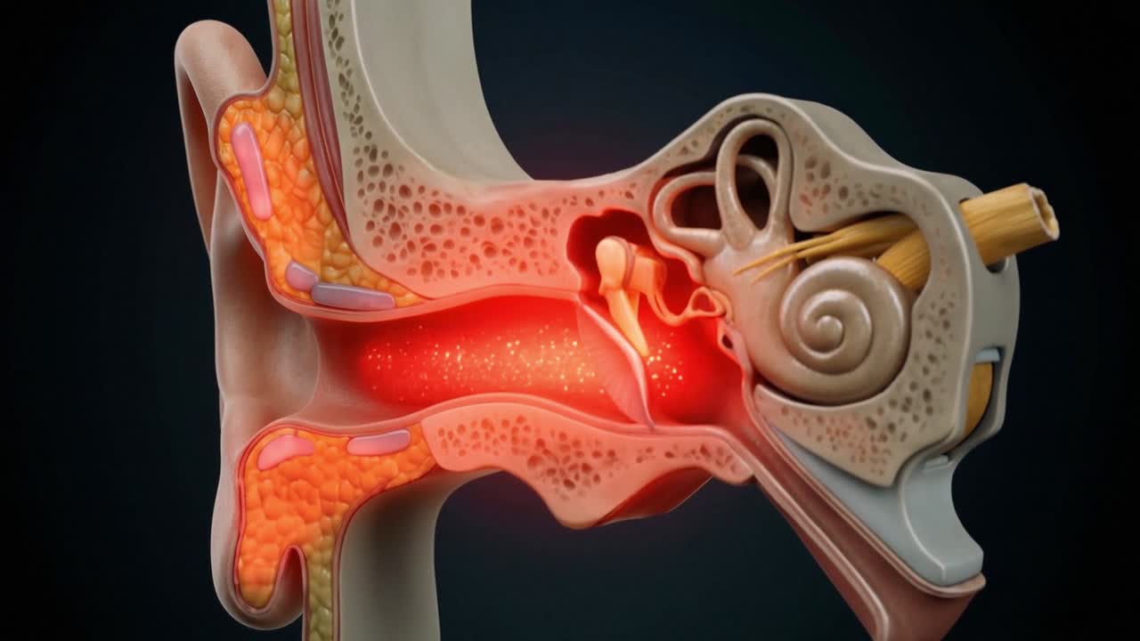 Sezione trasversale dell'orecchio umano che mostra l'infiammazione in diffusione attraverso il condotto uditivo e l'anatomia dell'orecchio medio