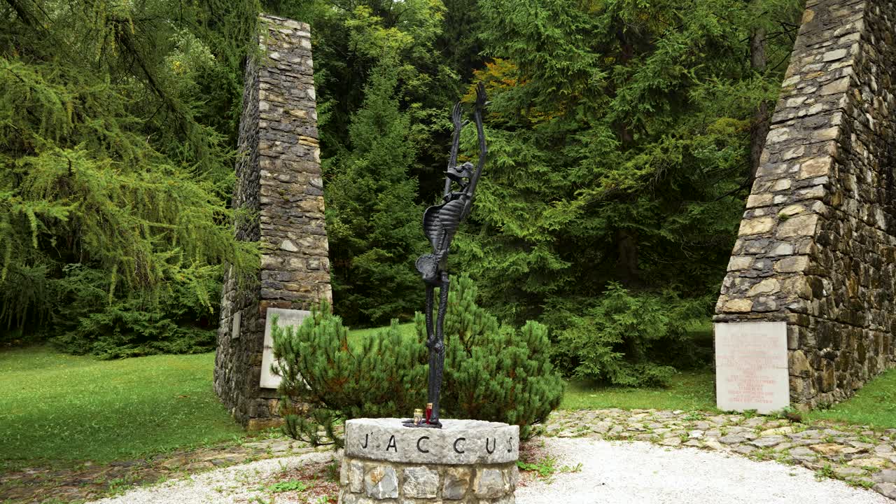 Skeletal memorial at Slovenia’s Ljubelj Pass commemorates Mauthausen victims, right pan