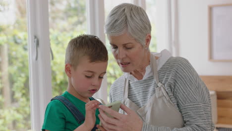 Fröhlicher-Kleiner-Junge,-Der-Großmutter-Zeigt,-Wie-Man-Ein-Smartphone-Benutzt,-Und-Oma-Moderne-Technologie-Beibringt,-Intelligentes-Kind,-Das-Oma-Zu-Hause-Mit-Dem-Mobiltelefon-Hilft