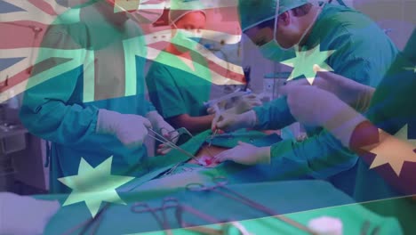 Animation-Der-Flagge-Australiens,-Die-über-Verschiedenen-Chirurgen-Und-Krankenschwestern-Weht,-Die-Operationen-Am-Patienten-Durchführen