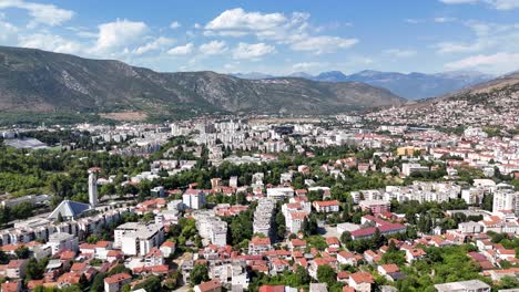 aerial drone view of mostar town city bosnia and herzegovina balkan country balkans old bridge neretva river stari most summer july