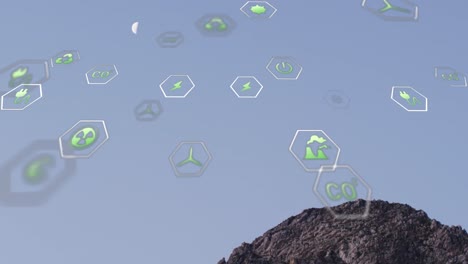 animación de iconos de sostenibilidad y ecología sobre el paisaje