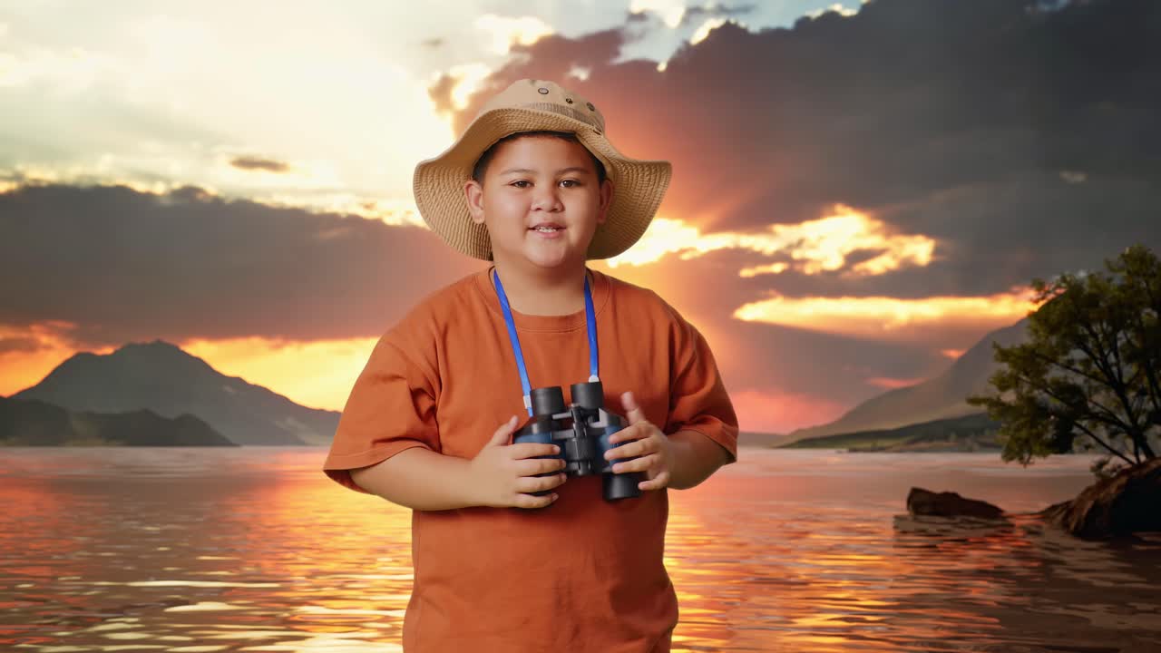 Asian Boy With A Hat Clapping Hands After Looking Through The Binoculars. Boy Researcher Examines Something At A Lake, Travel Tourism Adventure Concept