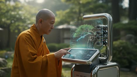 a contemplative monk engaging with advanced technology, merging nature and digital innovation through a high-tech interface in a serene outdoor environment