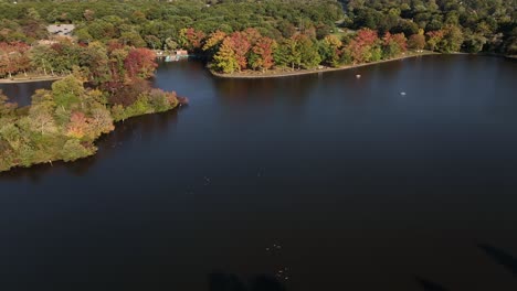 An-aerial-view-of-Belmont-State-Park-on-Long-Island,-NY-on-a-sunny-day-with-beautiful-fall-foliage