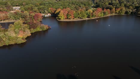 una vista aérea del parque estatal de belmont en long island, ny en un día soleado con hermoso follaje de otoño