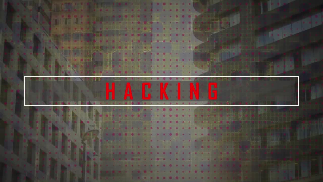 Animation of hacking and dots over modern buildings