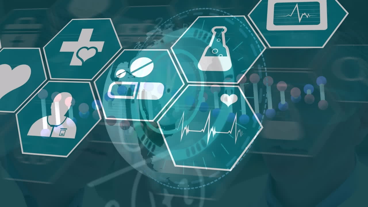 아이콘의 애니메이션, 디지털 시계, dna 나선, 합계, 백인 연구자들이 실험실에서 논의하는 것