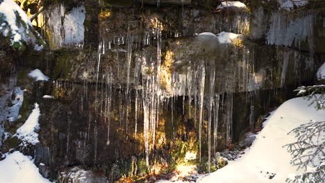 long icicles hanging from a damp stone mountain wall,snowy,czechia