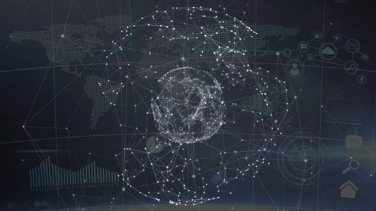Dual-layer spherical network responding to node flicker, expanding, rotating, visualizing data