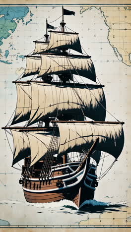 a classic sailing ship on an antique world map