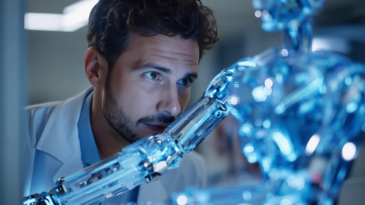 Uno scienziato esamina un robot di vetro futuristico con espressione concentrata. Una luce blu illumina l'ambiente di laboratorio e la struttura metallica. Il design intelligente incontra la curiosità umana nella ricerca avanzata