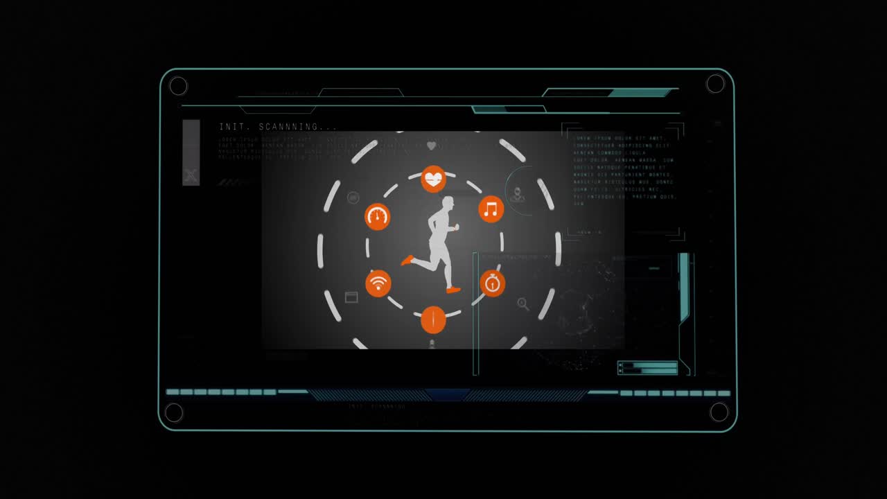 Animation of screen with person running and data processing