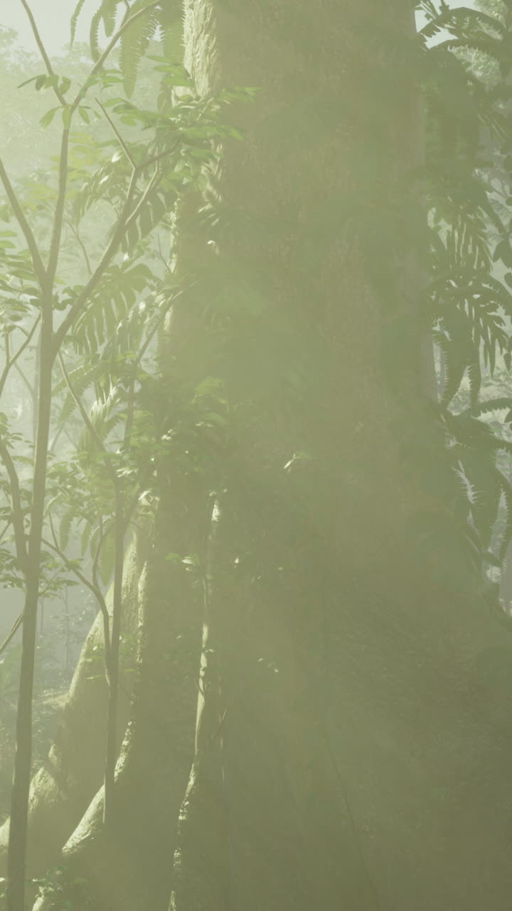 Sunlight filtering through lush forest during early morning hours