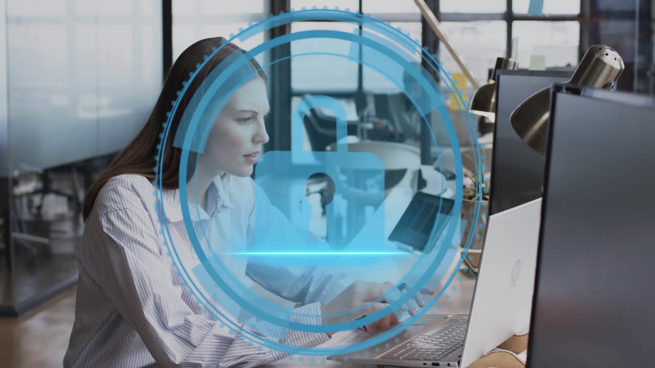 Animation of padlock digital icon and data processing over caucasian businesswoman in office