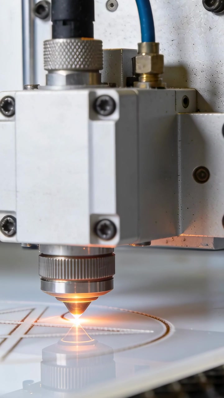 Video verticale: Testa laser da taglio che incide un cerchio in officina dopo l'attivazione del laser, su un foglio bianco.