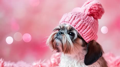 a small dog wearing a pink knitted hat on a pink blanket