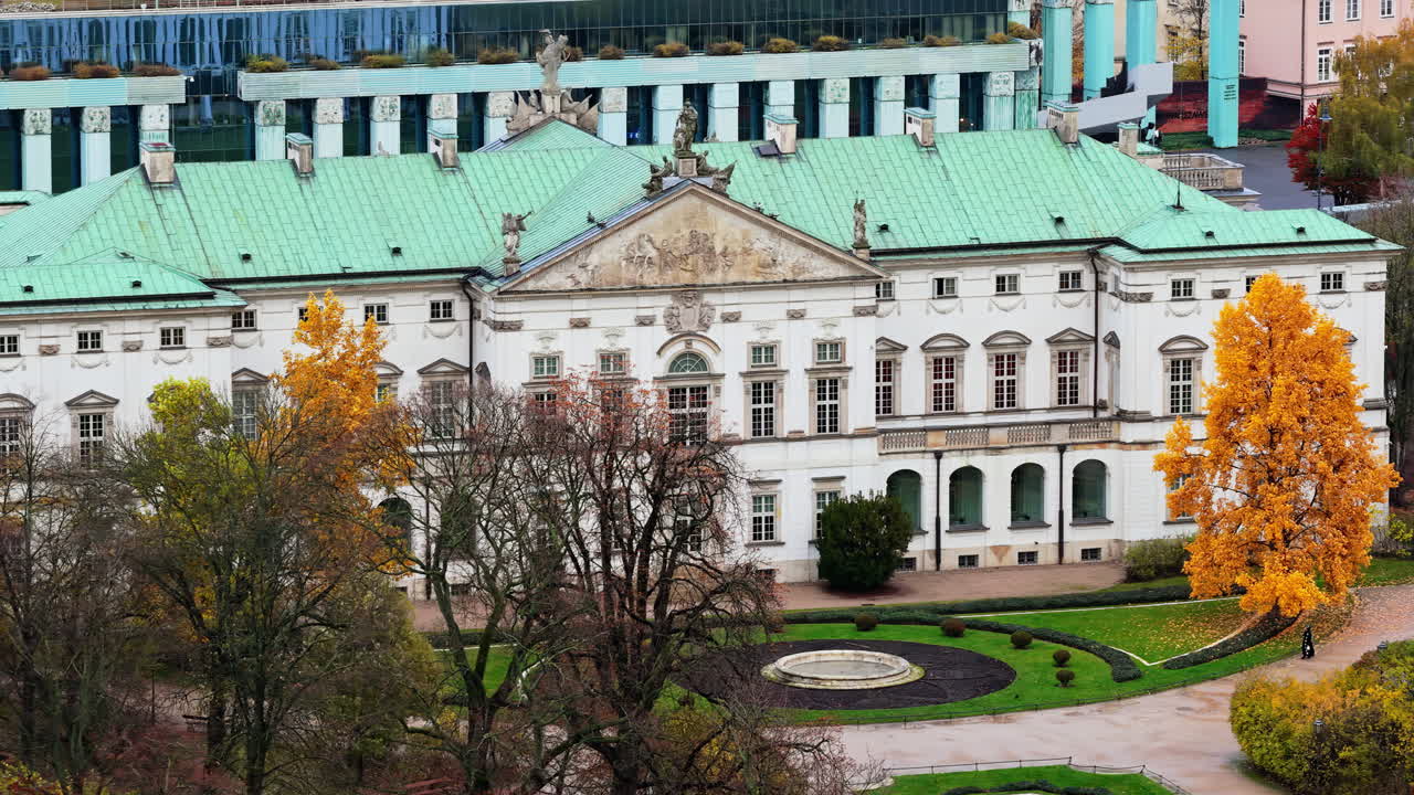 Aerial drone view of Krasinski Palace in Srodmiescie, Warsaw