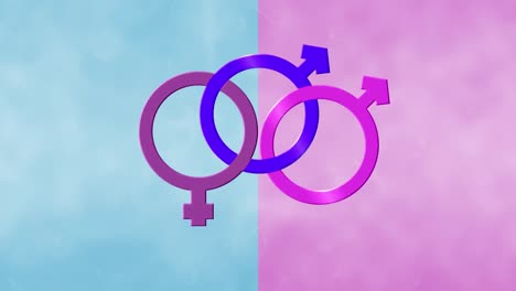 Animation-of-bisexual-symbol,-purple-and-pink-female-and-two-male-gender-symbols-on-pink-and-blue