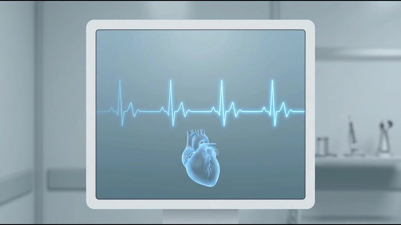 Monitor ospedaliero che mostra una forma d'onda ECG blu e un piccolo simbolo del cuore in una visualizzazione clinica dettagliata
