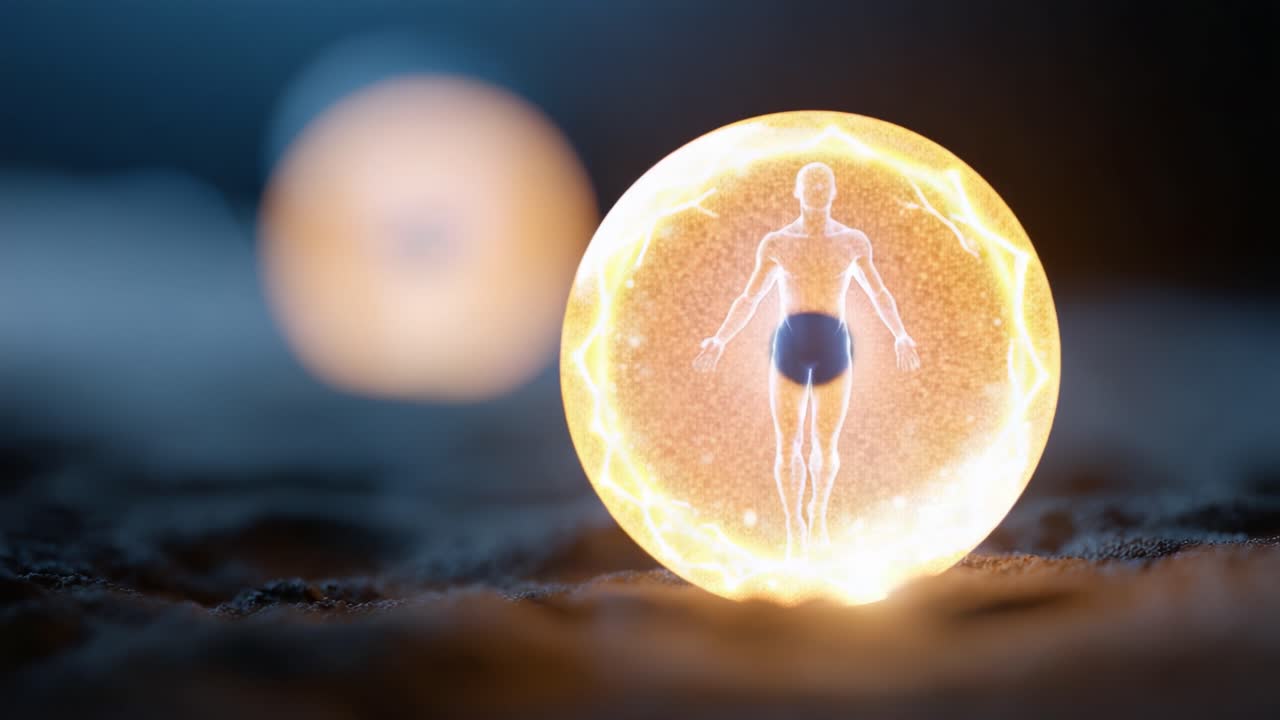 光り輝く球体の中に、光とエネルギーに満ちた非現実的で夢のような環境におけるテクノロジーと人類の交差点を示す、幽玄な人影が浮かんでいます。