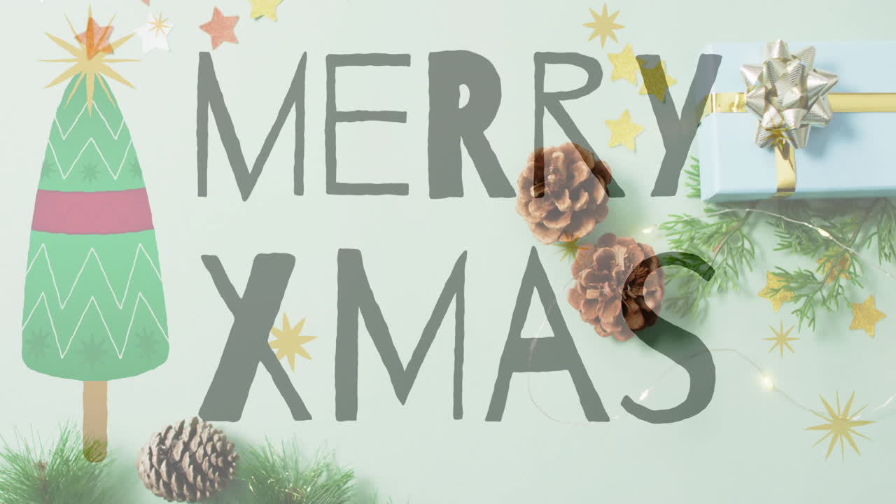 Merry Xmas text animation over Christmas decorations with pinecones and gift box