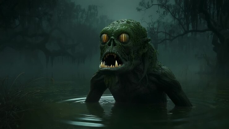 Rising moss-coated swamp creature pushing through foggy cypress pond water, revealing teeth