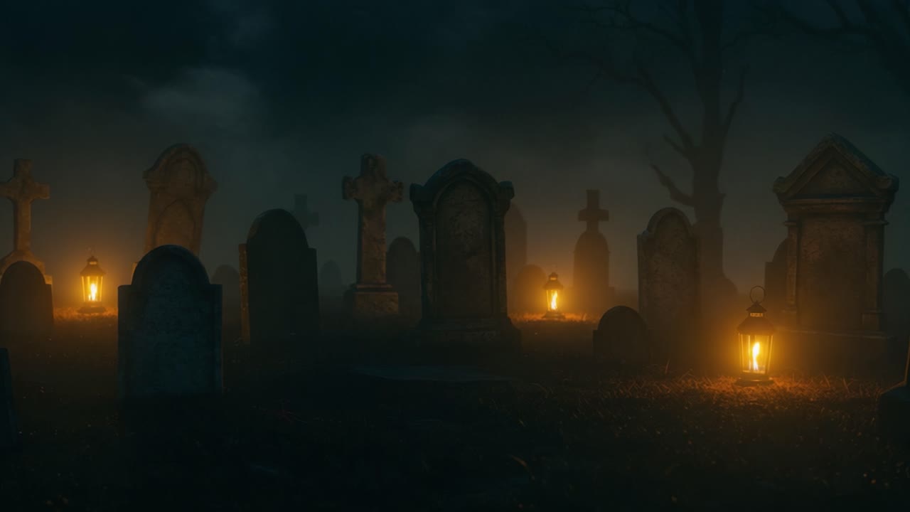 Mysterious Graveyard at Night with Flickering Lanterns: An Eerie Scene of Silence and Shadows Amongst Ancient Headstones and Twisted Trees Under a Cloudy Sky
